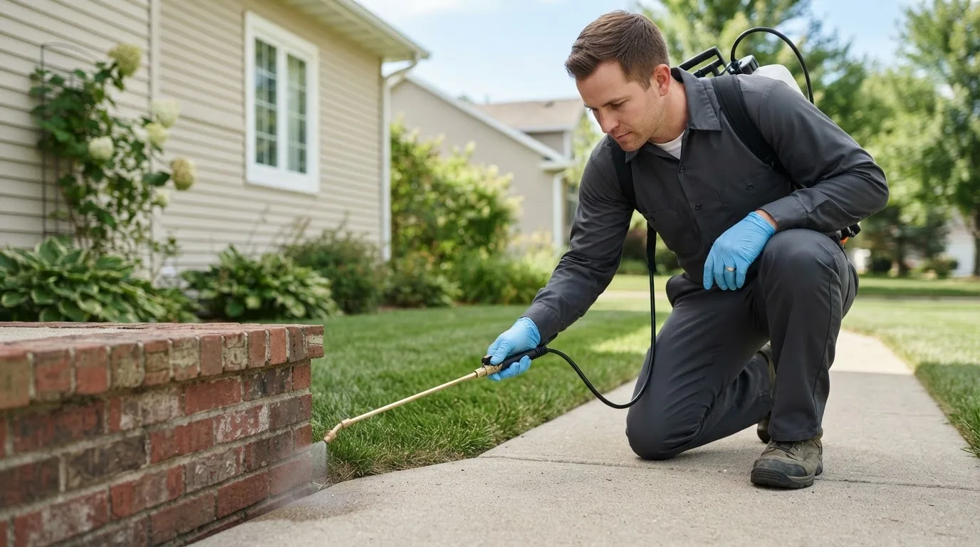 Pest control technician treating a home near Olney, MT
